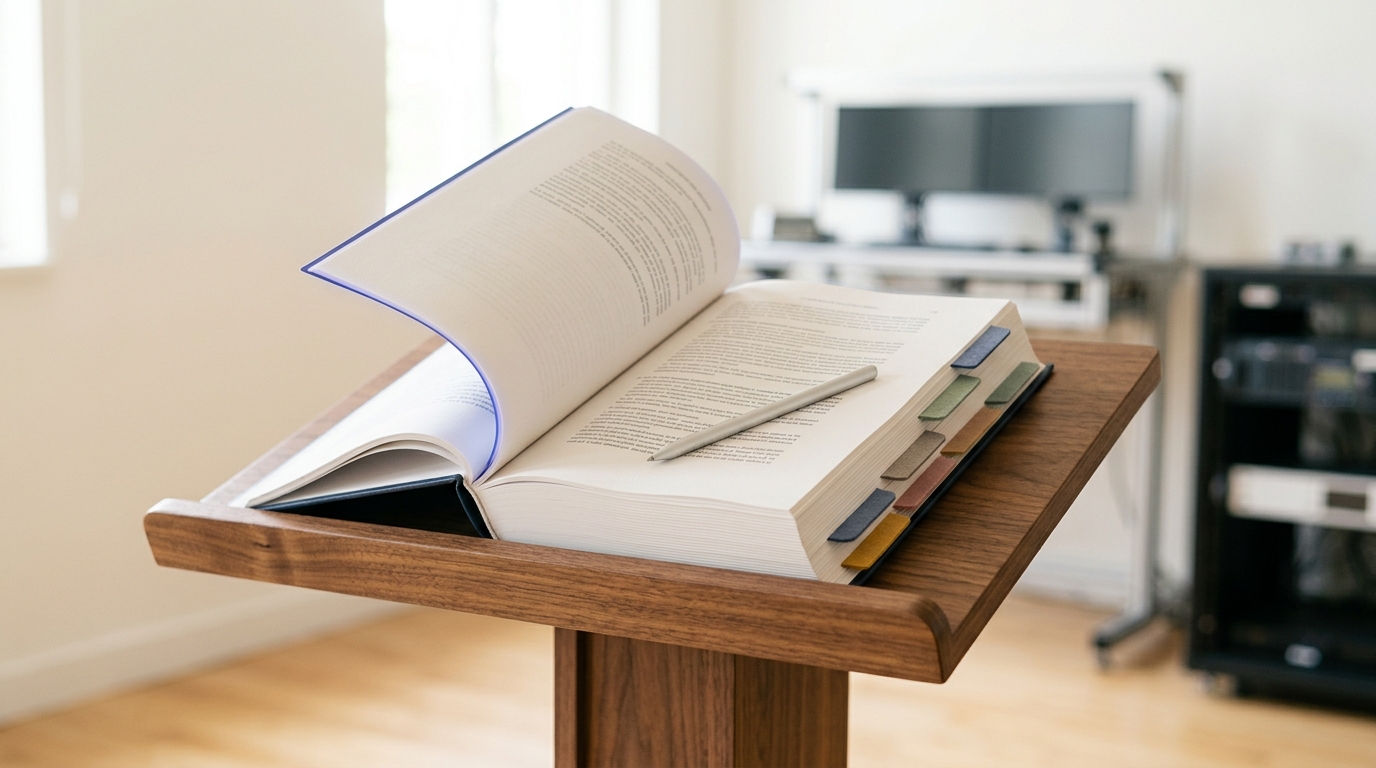 A bound constitution document open on a walnut reading lectern, one page caught mid-turn above the others, tabbed dividers marking sections and a stylus resting where an annotation was just made on the facing page