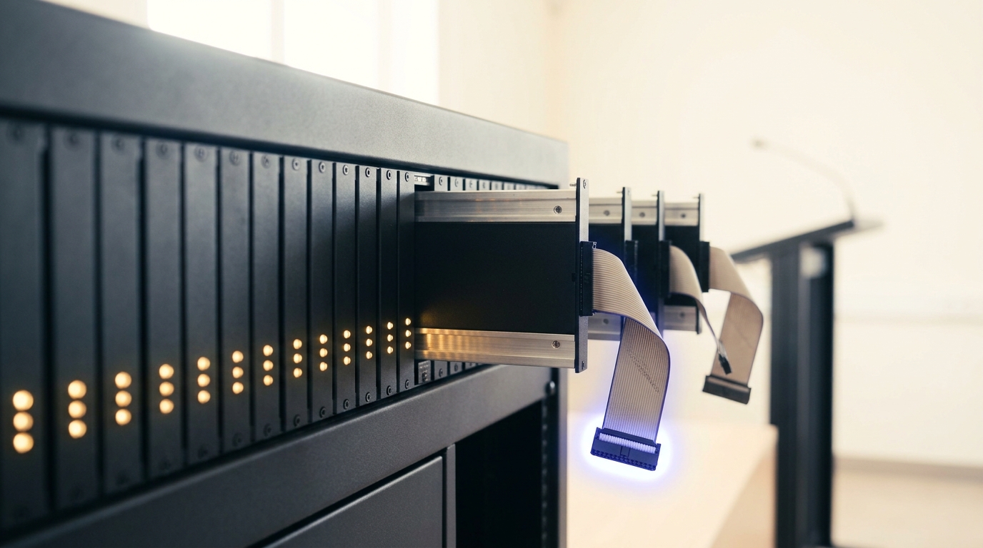 A preference-model server rack with one training module half-drawn out on its rails, a ribbon cable connector hanging clear of its socket, neighbouring modules lit with small steady tally indicators