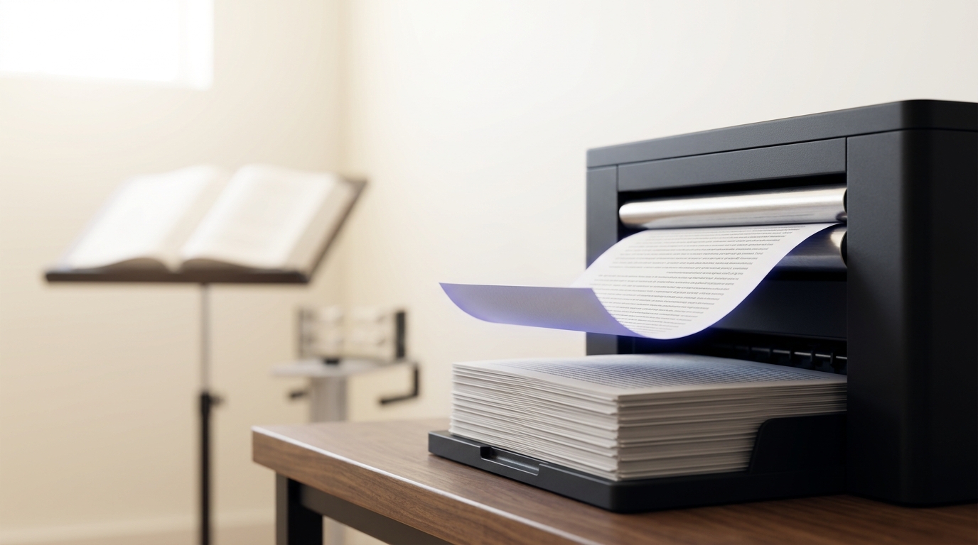 A synthetic-conversation printer with one page still curling out of its feed onto a tall collected stack, a soft-focus lectern holding the open constitution visible behind it
