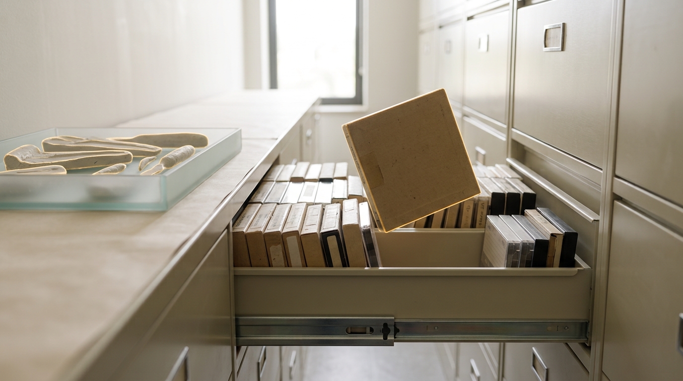An open archive drawer of reel-to-reel and cassette field recordings with specimen trays of historical tool replicas beside it.