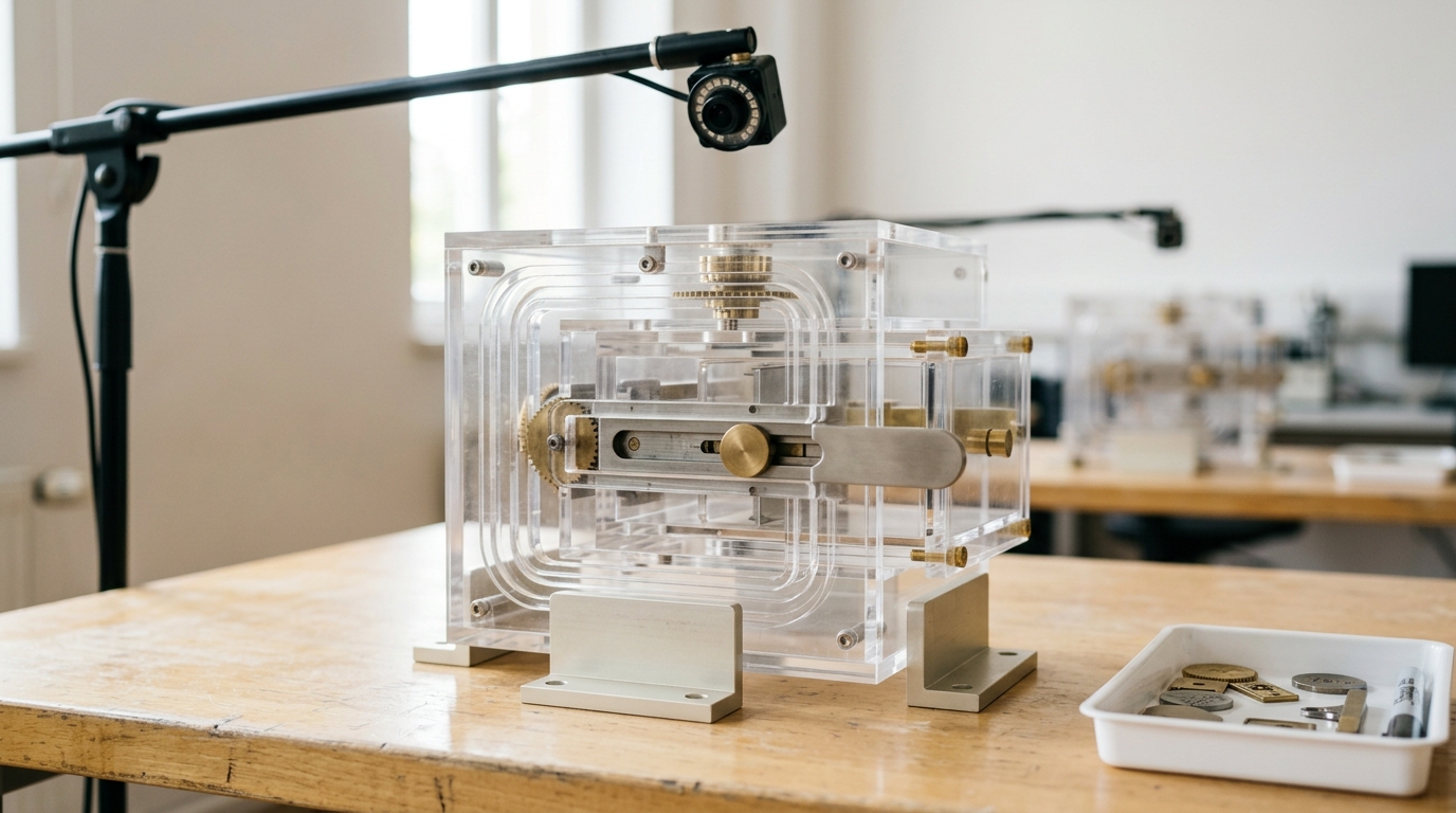 A three-stage puzzlebox apparatus on a lab table with an overhead camera rig, its second latch caught half-released.