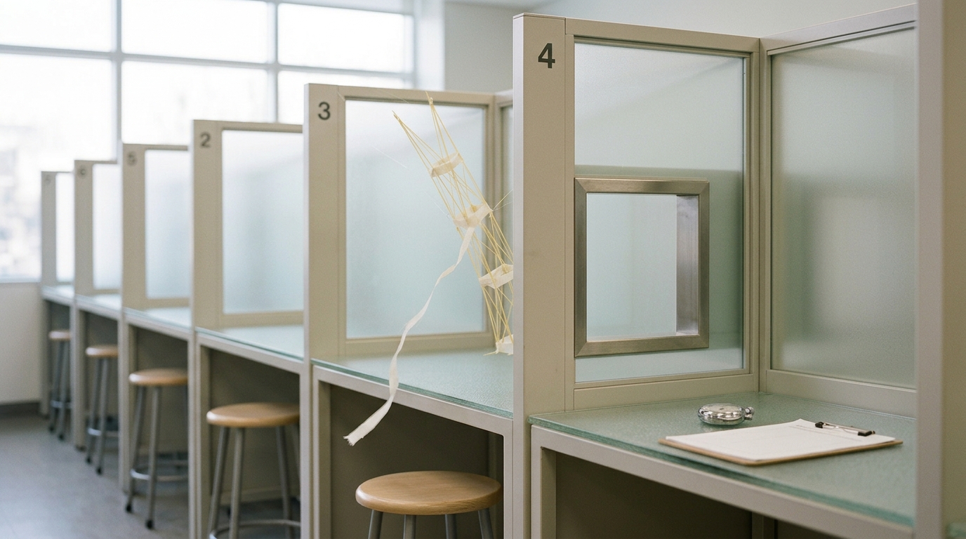 A row of partitioned lab booths with a part-built spaghetti-and-tape tower being carried from one numbered station to the next.