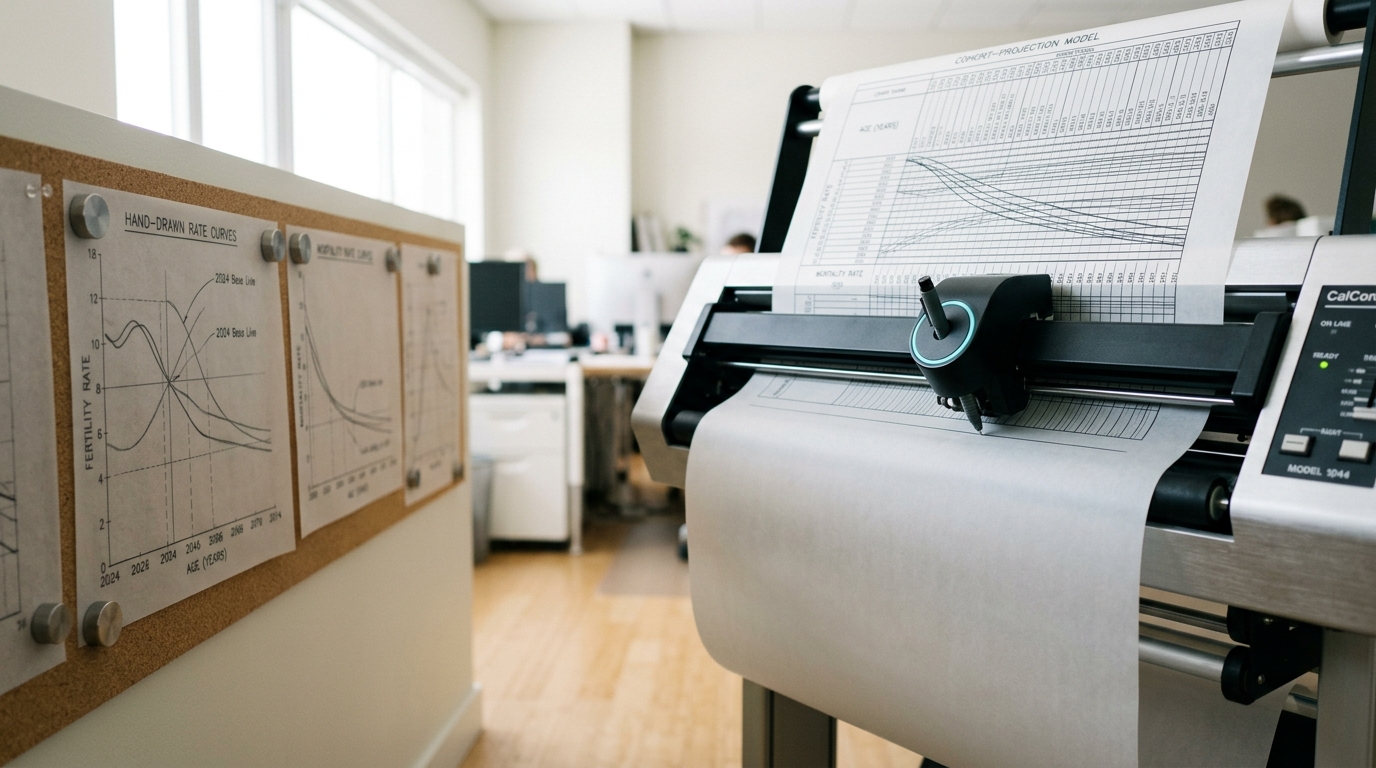 A wide-format plotter mid-run with a cohort-projection sheet half printed and still curling off the platen, drafting vellum overlays pinned beside it showing fertility and mortality rate curves