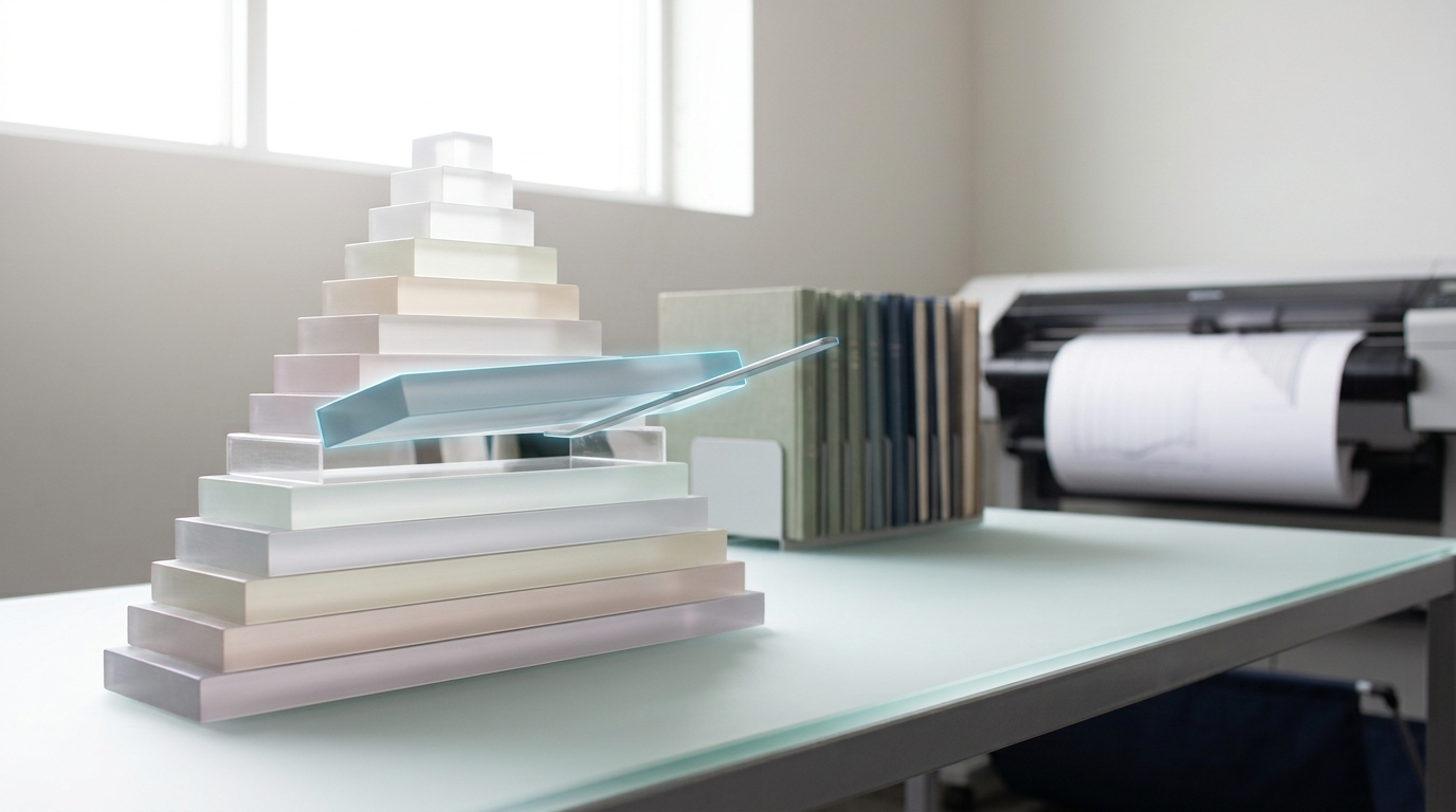 A light table holding a graduated acrylic population-pyramid model with one tier lifted clear on a lifting fork, mid-restack, beside stacked cloth-bound ledgers and a wide-format plotter feeding cohort paper