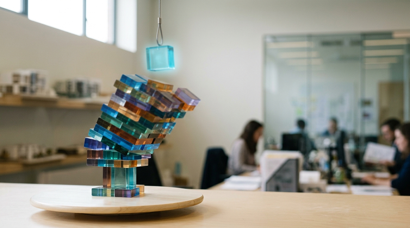 A stacked acrylic block tower on a turntable representing working-age and older cohorts, with a new block being lowered onto a narrowing base that already leans slightly