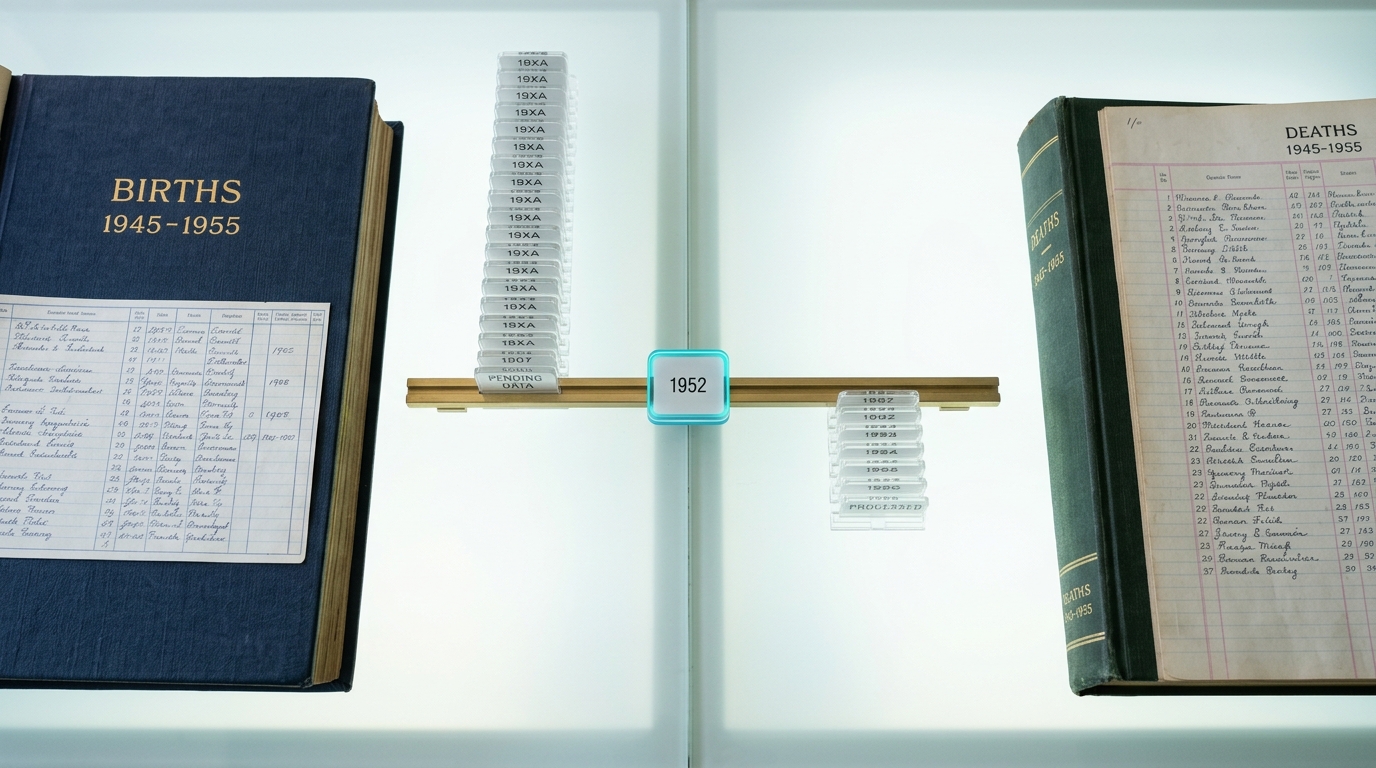 Two open cloth-bound vital-registration ledgers on a light table, one column of entry tabs mid-slide from a high stack to a low one, showing a shift in recorded rates
