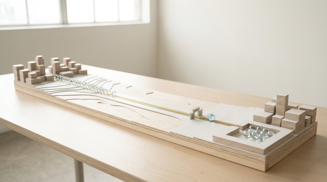 A shallow terrain diorama of two linked city models with a bead track running between them, one glass bead caught mid-transit past a small gate obstacle, several beads already resting in the destination model