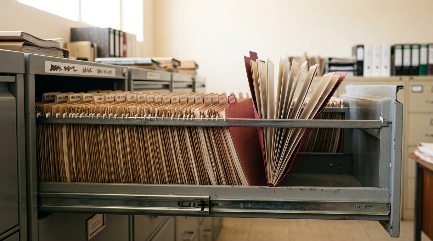 A hanging case-file folder pulled a third of the way out of a suspension drawer, its small two-sided status tab caught rotating mid-turn between its two printed faces, a fresh amendment slip clipped loosely to the folder's edge