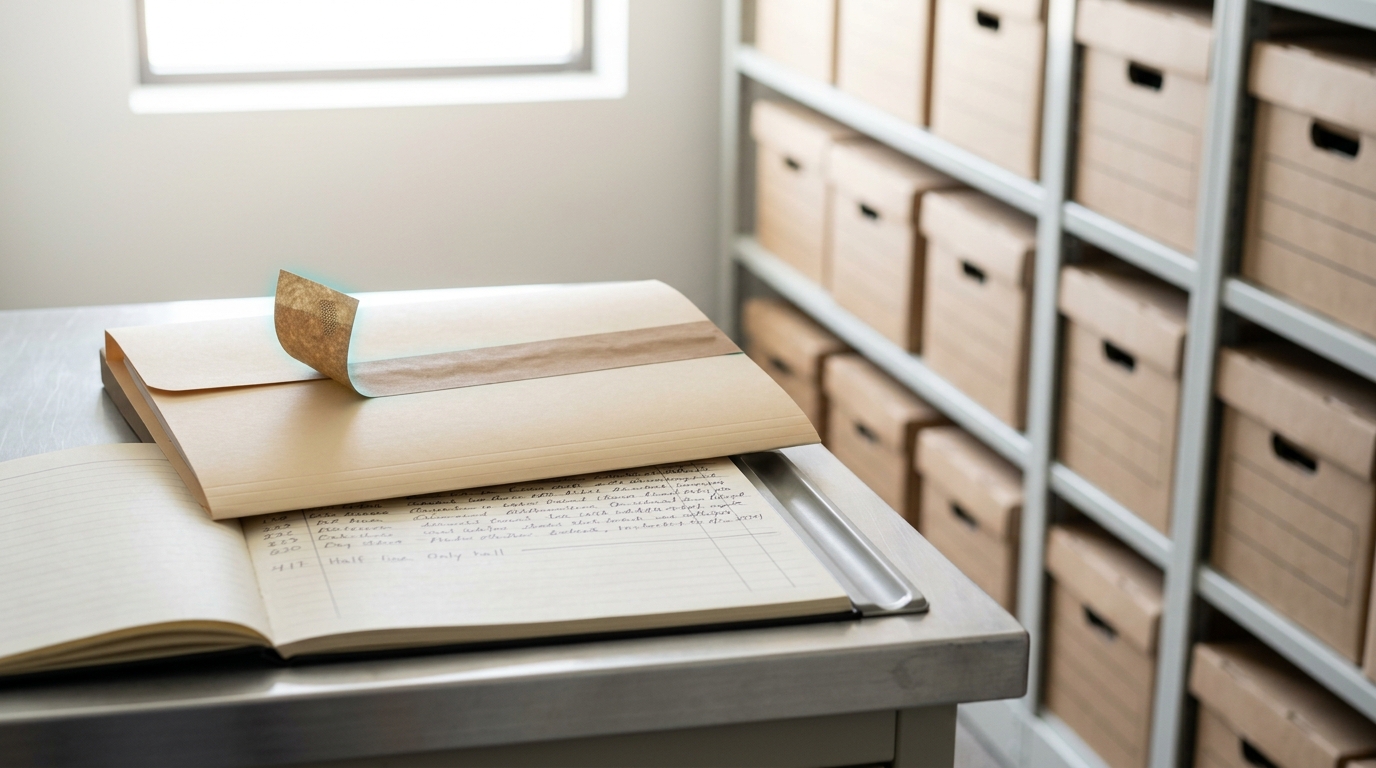 A red-team case file at an intake desk in a bright archive room, its tamper-evident seal caught still open at one corner while the log entry beneath it is only half written