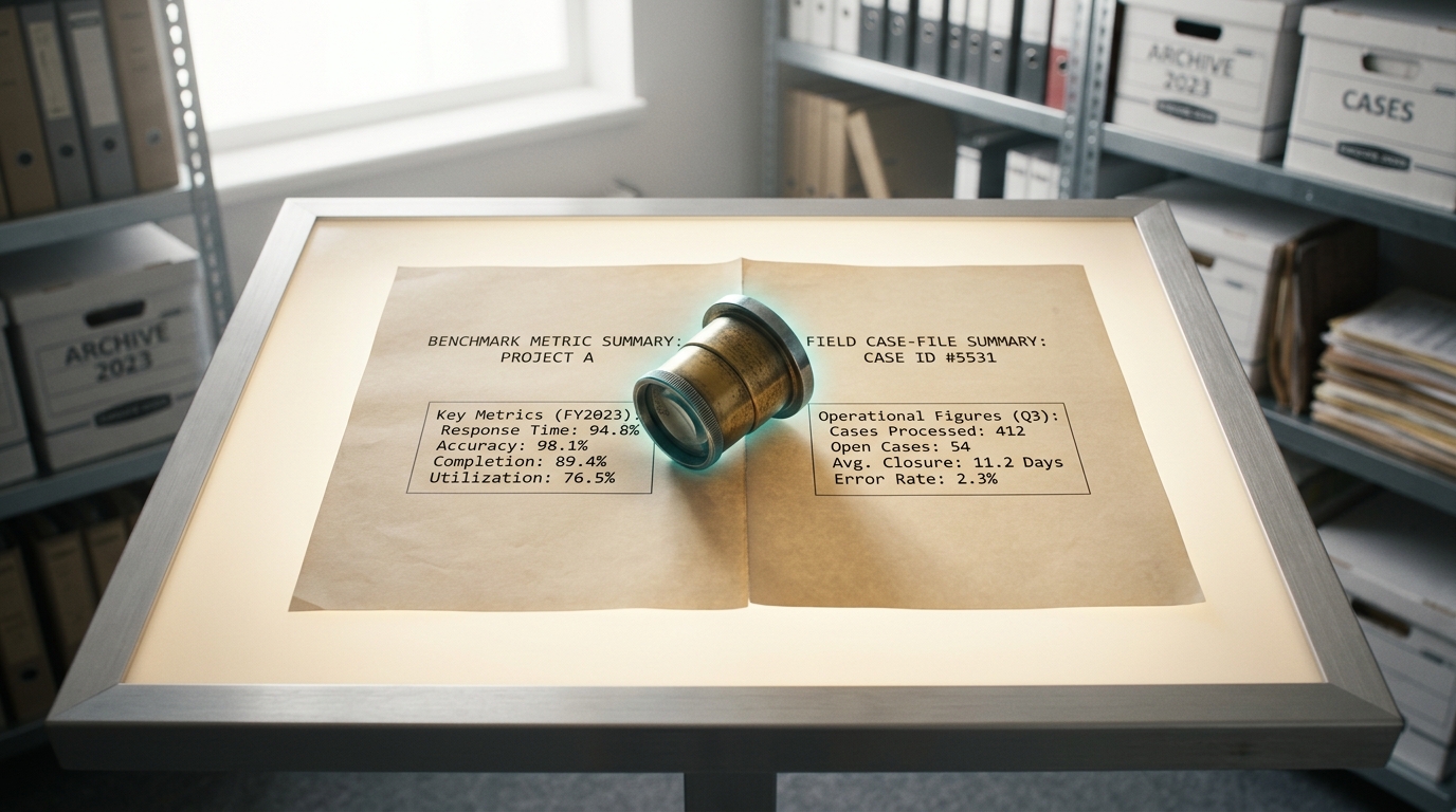 A light table with a benchmark metric summary sheet on one side and a field red-team case file on the other, a loupe caught mid-slide across the crease between them, tilted and not yet centred on either