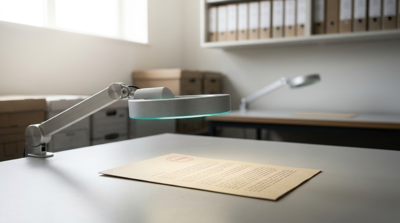 A previously cleared case-file page on a re-audit bench, its corner already carrying an inked cleared stamp, with a low-angle raking-light inspection lamp caught mid-sweep across it, throwing a shallow beam that only half reveals a faint mark near the stamp