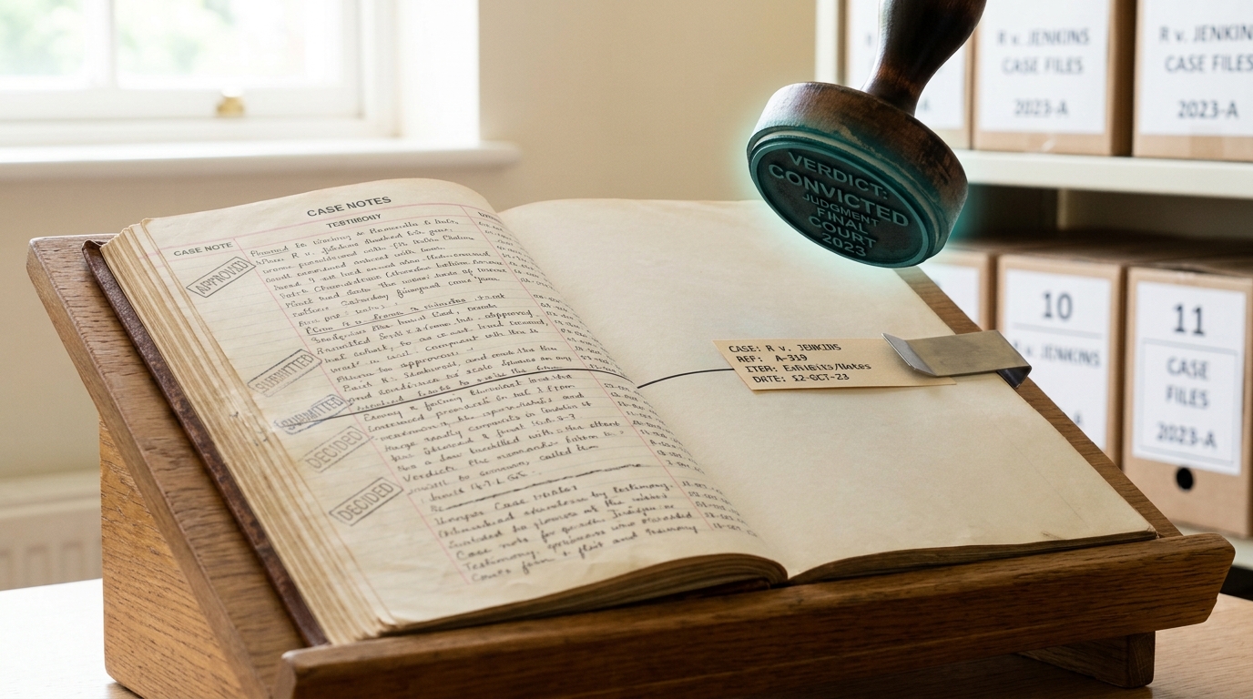 An open threshold ledger on a stand, an evidence summary slip clipped into a small comparator bracket exactly at a printed threshold line, a rubber verdict stamp caught hovering just above the page, not yet pressed down