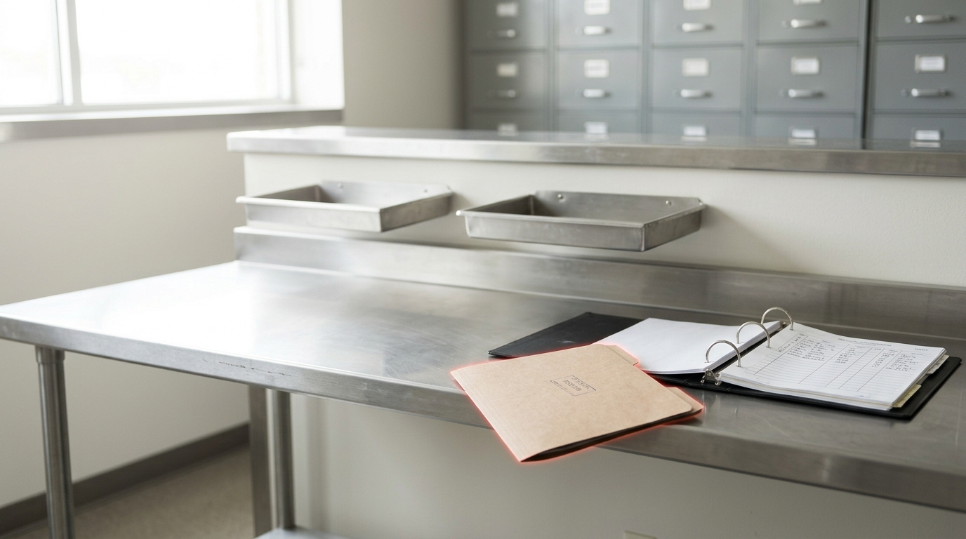 A receiving counter split into two lanes, one with identical numbered case folders advancing under a small stamping arm caught mid-descent, the other with loose, irregular transcripts stacked and one sliding askew off the top
