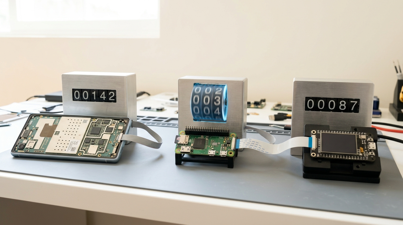 A wide bench shot of a phone, a single-board computer and a compact handheld dev kit wired side by side to their own digit-counter registers, one register's wheel turning while its neighbours hold still