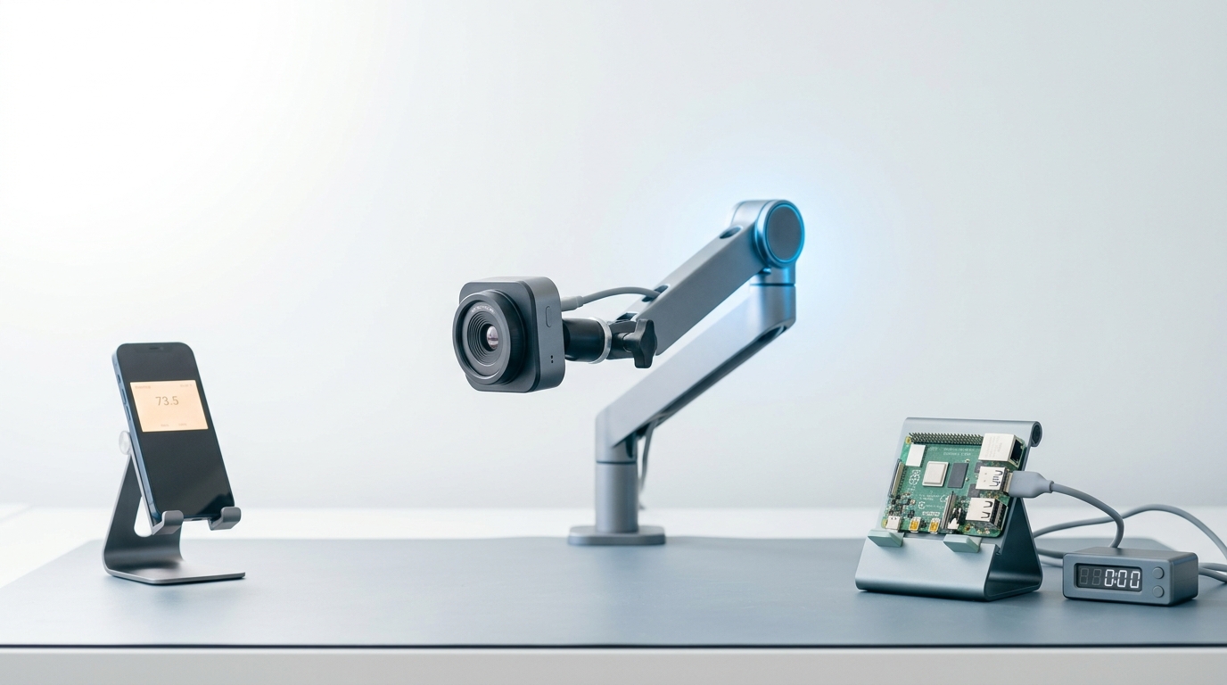 A thermal camera on an articulated bench arm caught travelling between two different real devices under sustained load, the first device's small readout still showing warmth as the arm swings toward the second