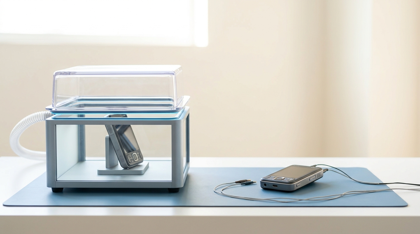A small sealed bench-top test chamber with its clear lid caught mid-lower over a device on a stand inside, beside an identical device lying free and unenclosed on an open anti-static mat