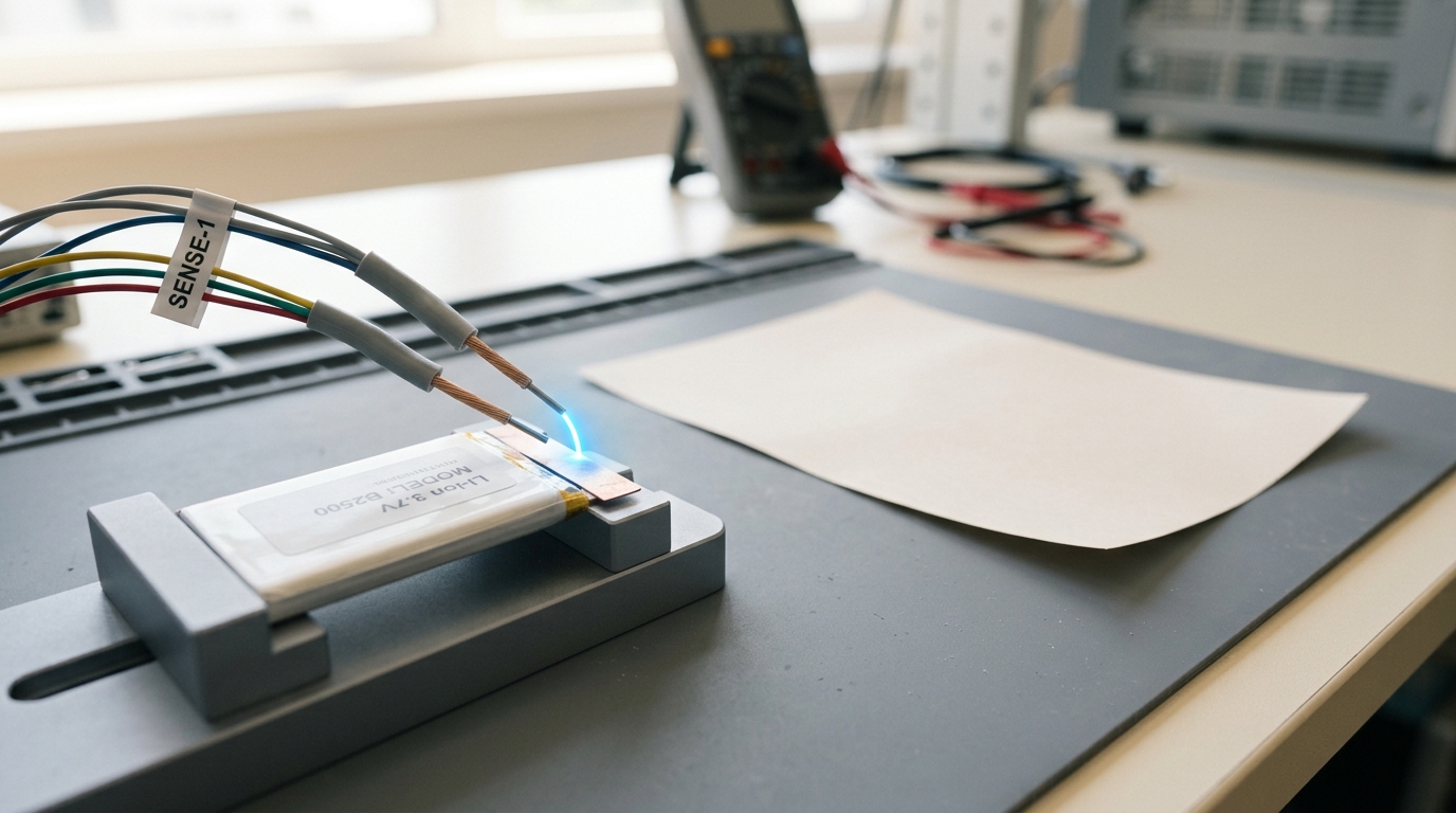 A four-wire current-sense clip closing onto a battery pack's tab on a lab bench, its jaws not yet fully gripping, beside a single sheet of paper lying face-down and blank on the mat