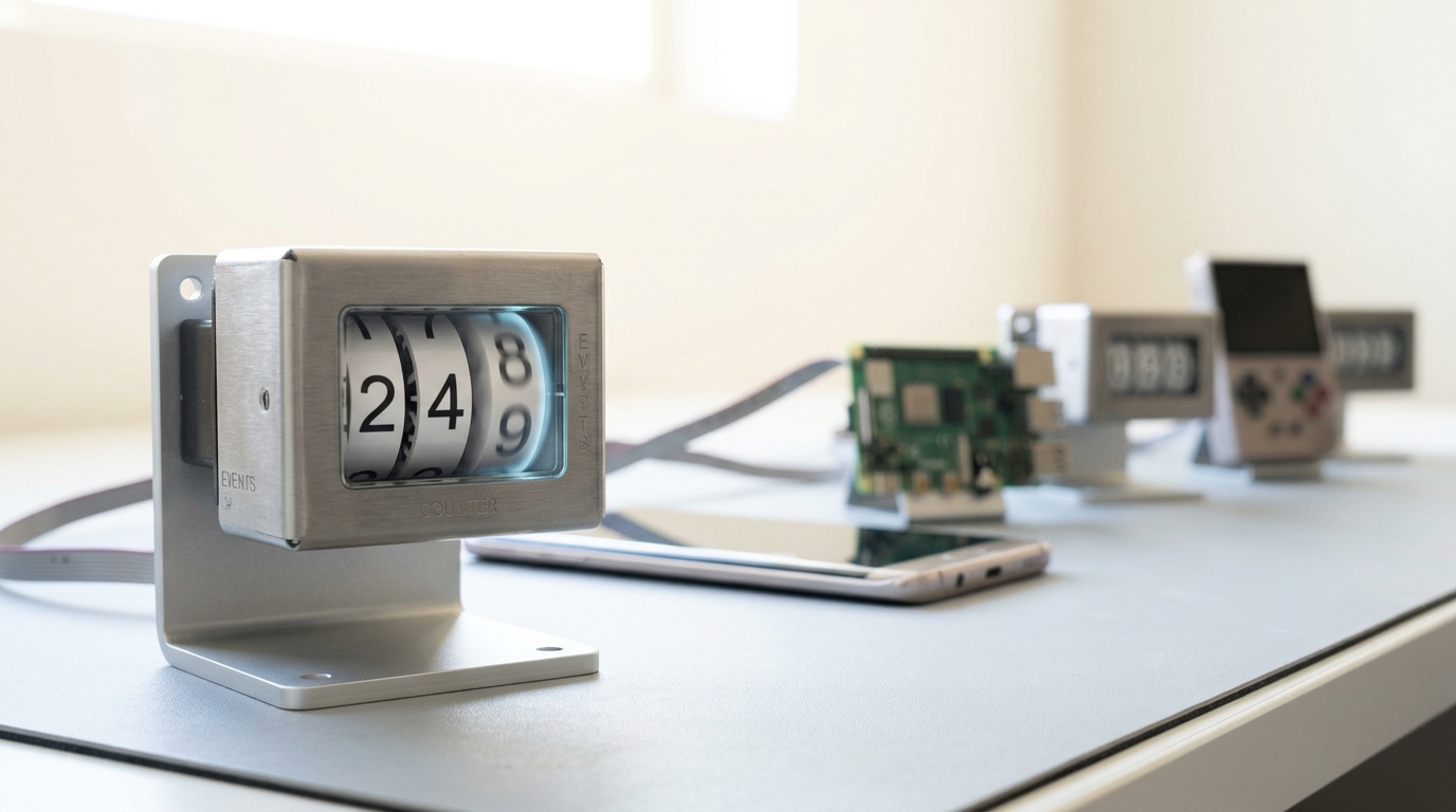 A brushed-steel electromechanical digit counter on a lab bench with its rightmost wheel caught mid-flip between two digits, blurred, while several different real devices sit wired to their own counters in the background