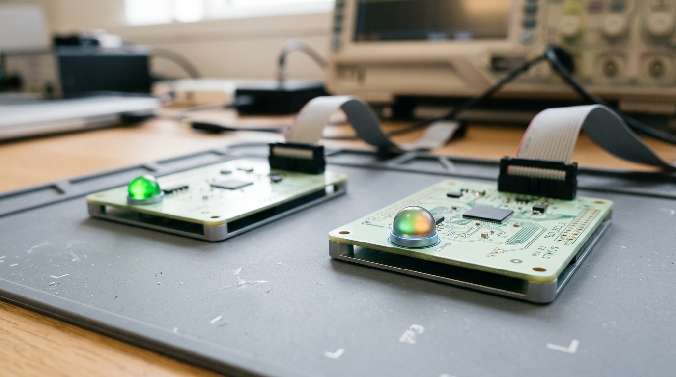 Two identical single-board computers side by side on a mat, each with a small status indicator light, one lit steady green and the other caught mid-change from green toward amber