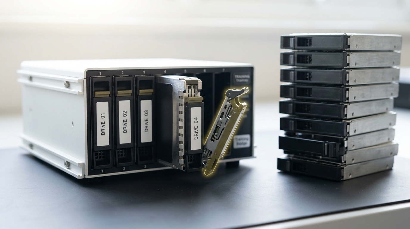 A row of identical drive caddies with their identifying windows taped over being slotted into a comparison rack, one caddy caught mid-insertion with its latch still open