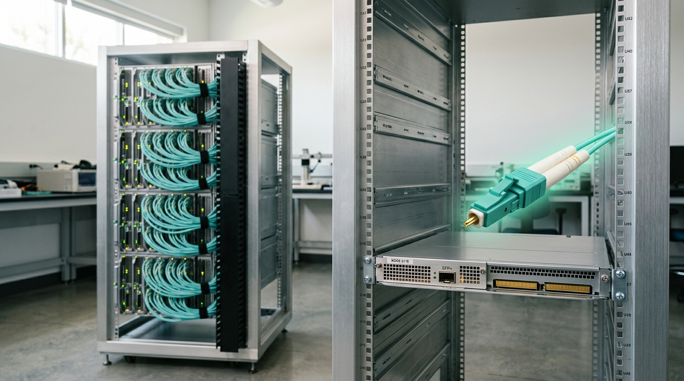 Two identical instrument racks side by side, one fully populated and cabled, the neighbouring twin rack holding only a single node with a cable caught mid-connection into its otherwise bare slots