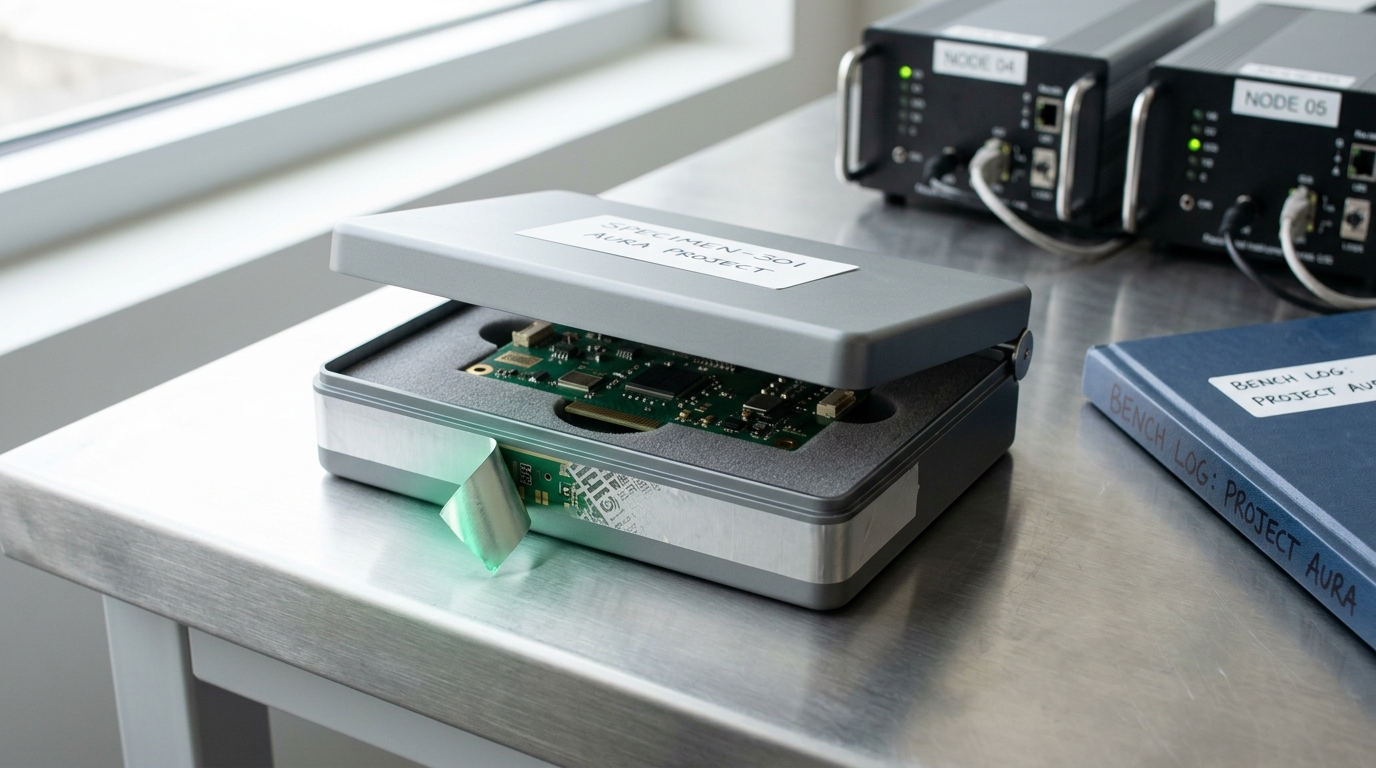 A tamper-evident foil seal lifting at one corner from a small archival case, the edge of a reference board visible inside, with two racked instrument nodes standing beyond on a bright bench