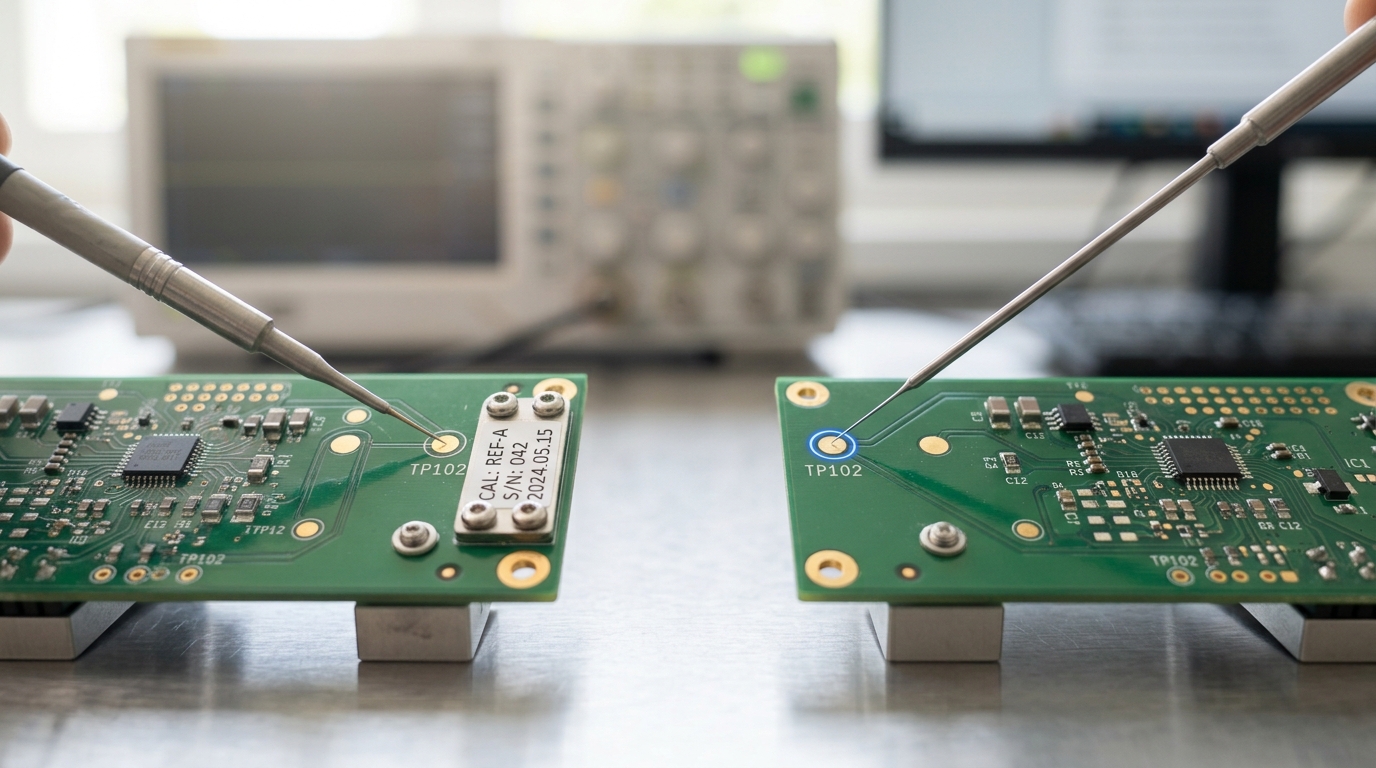 A small reference board with a hand-verified circuit clamped in a test rig beside a much larger board running the model under study, a probe clip caught mid-transfer between the two