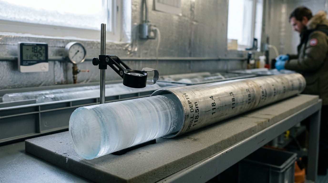 An ice core still half inside its drawing barrel on a field bench, the exposed half showing faint banded layers under a hand lens mounted on a stand