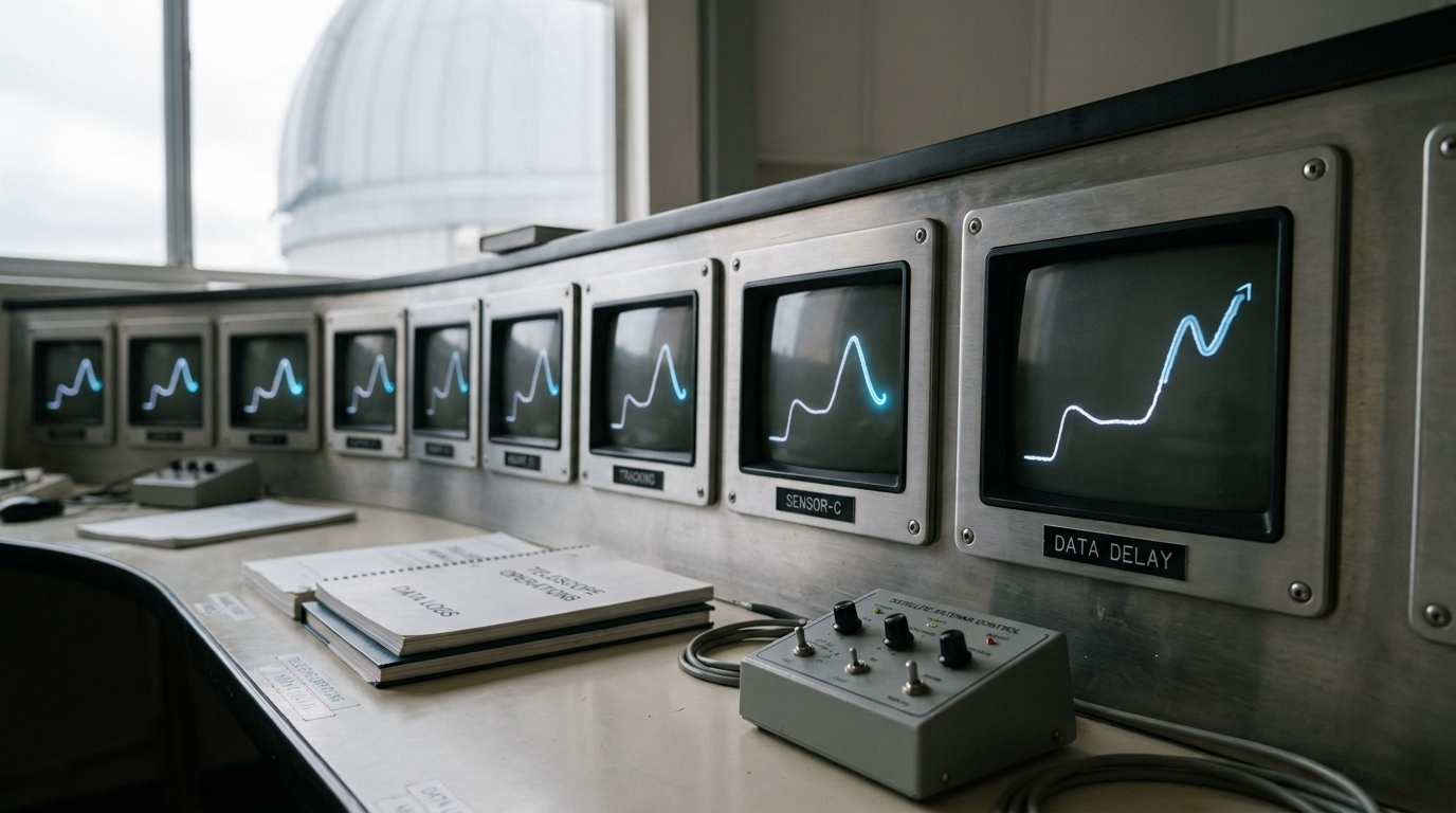 A bank of small monitor screens on the observatory's instrument desk each running a slightly different trace, one screen's trace still updating a beat behind the others