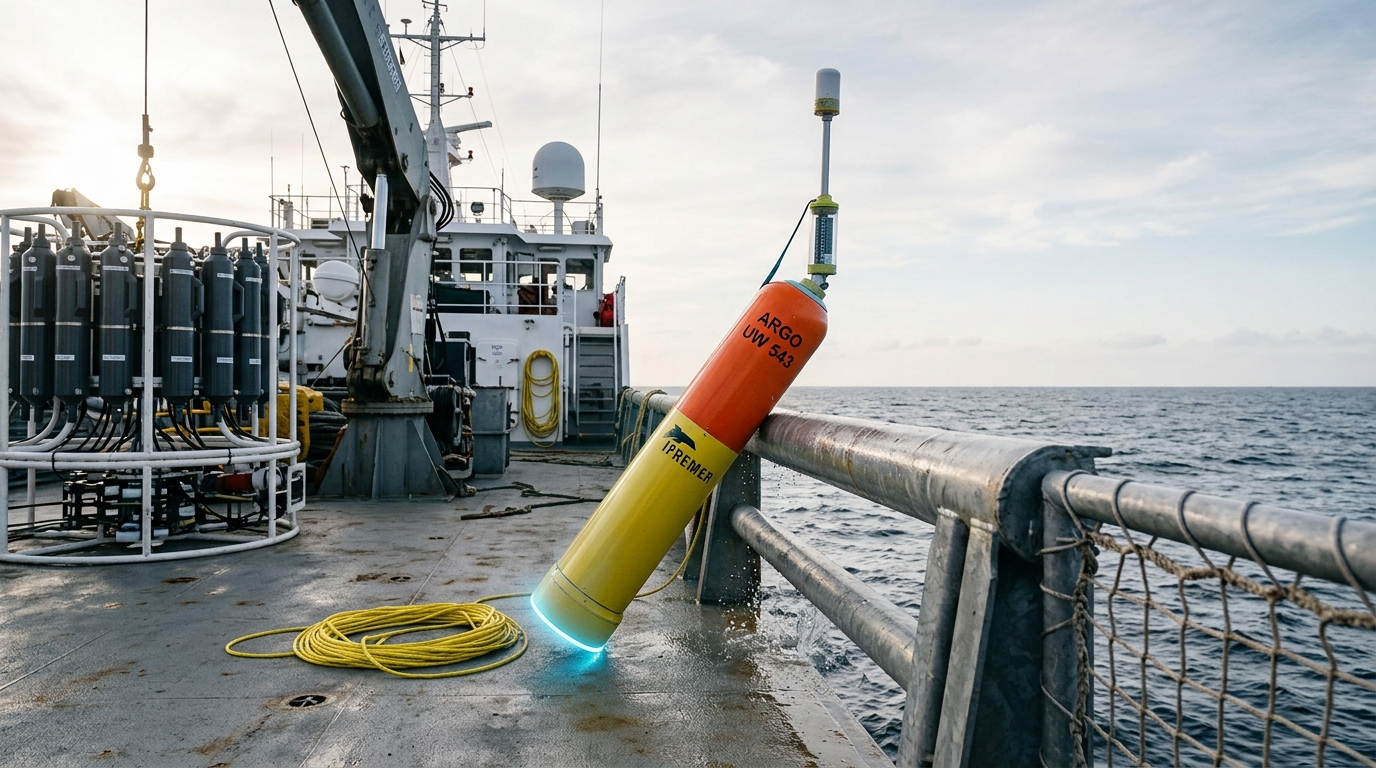 An Argo profiling float tipping past the stern rail of a research vessel, its sensor stalk still level while the float housing has already begun to fall