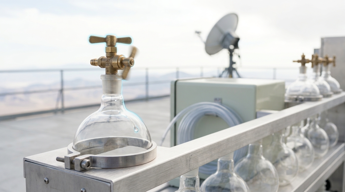 A glass air-sample flask being sealed into a sampling rack on an atmospheric observatory's instrument deck, its valve handle still turning through the last quarter-turn of closure