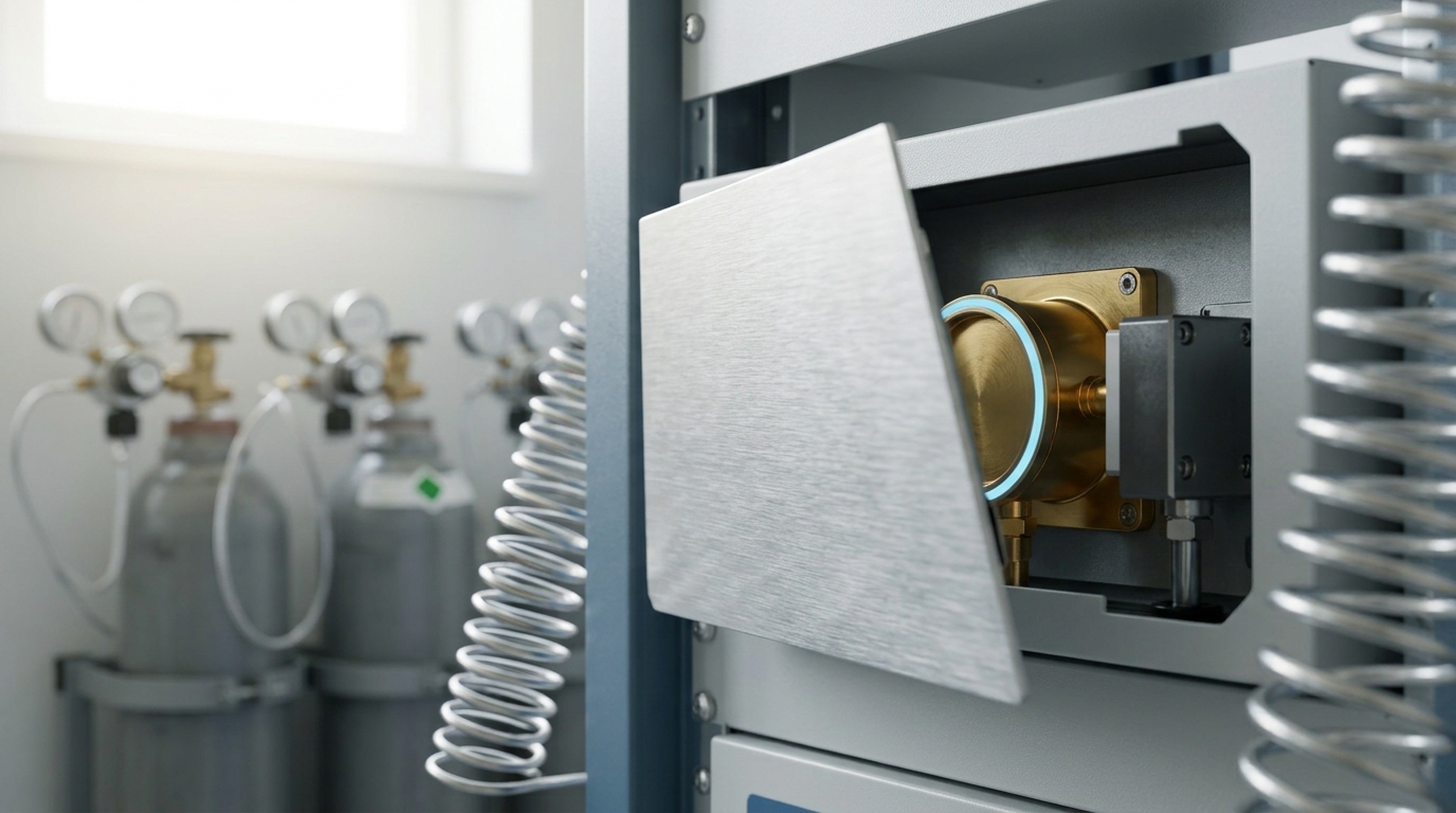 A nondispersive infrared gas analyzer's sample cell viewed through its open service panel, the panel door still swinging closed across the optical path