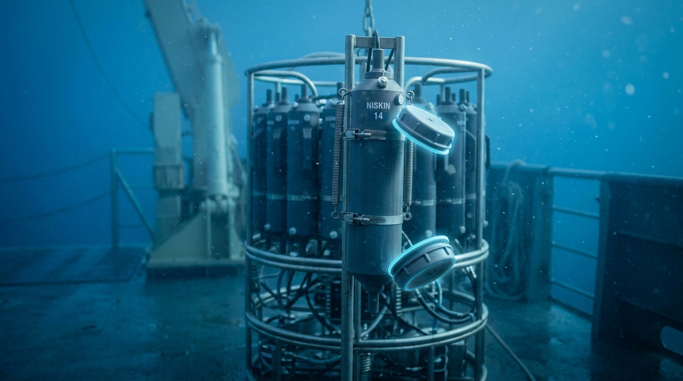 A Niskin bottle on a CTD rosette caught mid-trigger, its end caps still swinging shut around a captured column of seawater