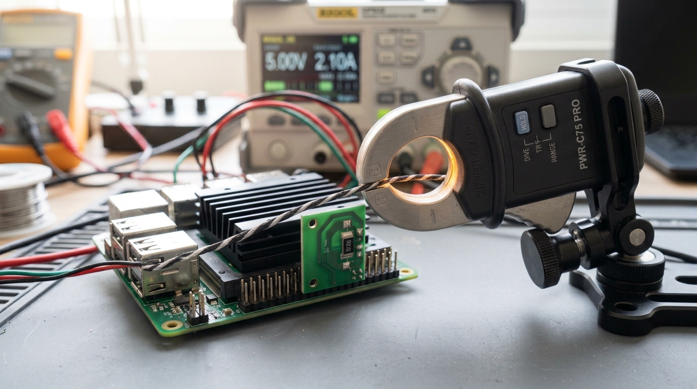 A handheld power-profiling current clamp closing around a supply wire feeding an embedded NPU development board, its jaws not yet fully shut and a small in-line shunt visible beneath a finned heatsink