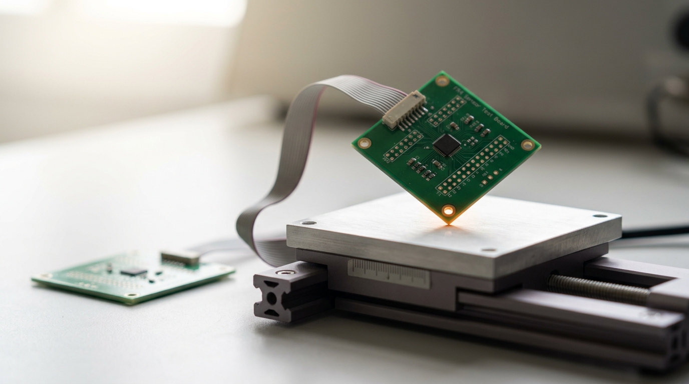 A sensor test board's corner caught lifting onto a temperature-controlled contact probe on a calibration fixture, its ribbon cable still slack and a second board waiting on the bench beside it