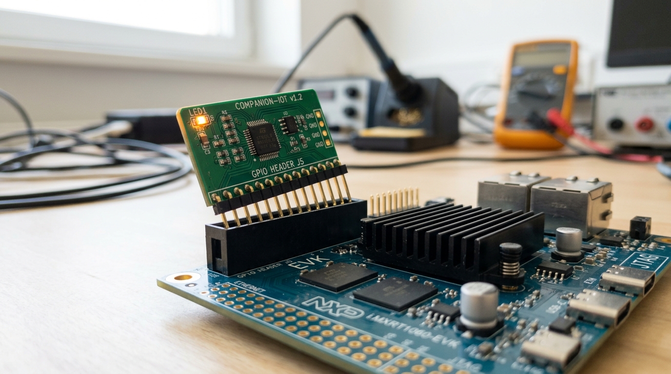 A small always-on wake-up circuit board being seated onto a header on a larger embedded development board, its pin row only half home and a single status LED just beginning to glow