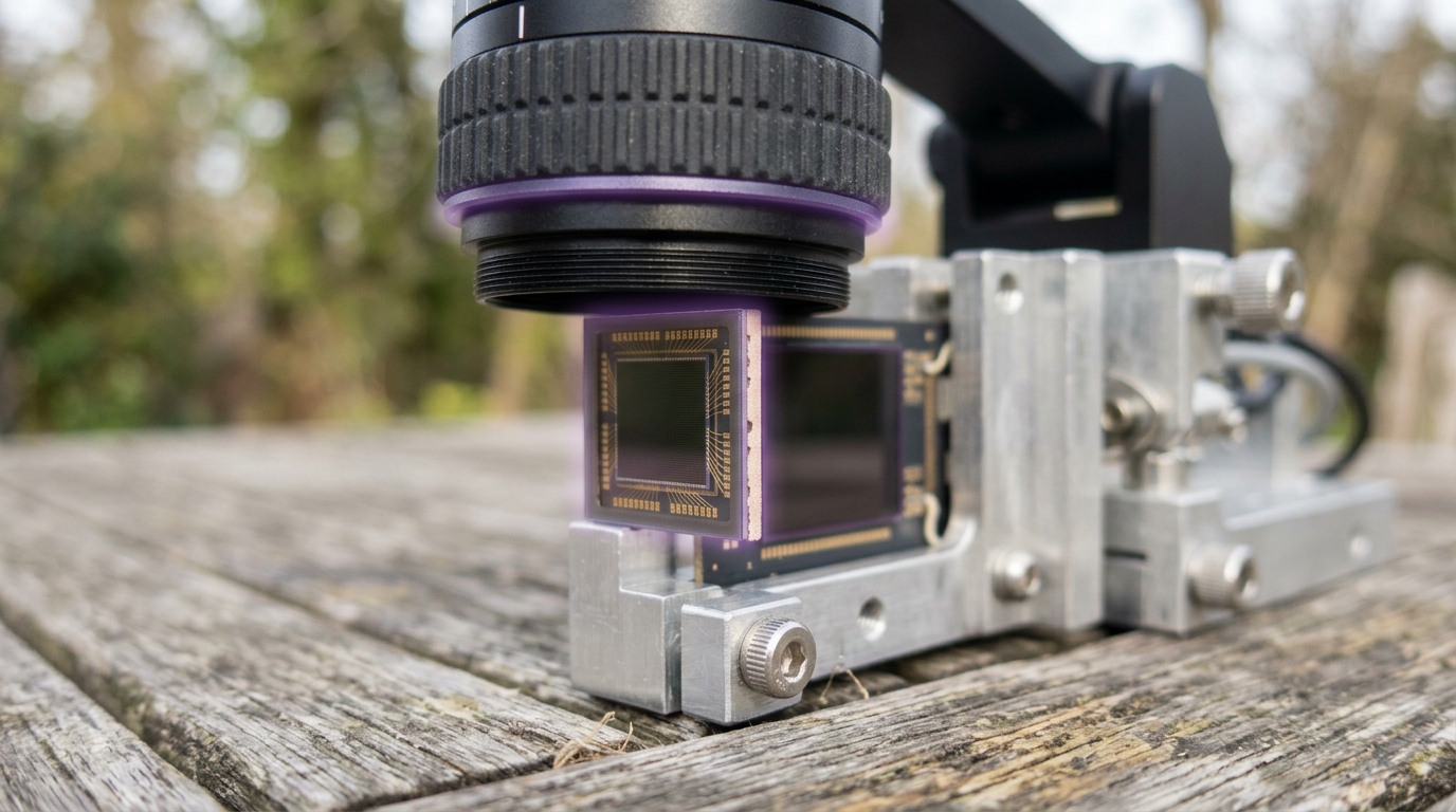 A bright lab bench with an oscilloscope probe tip just touching down on an analog front-end circuit board, an event-camera sensor exposed under a macro lens rig beside it, and an embedded NPU board with a power-profiling clamp in the background