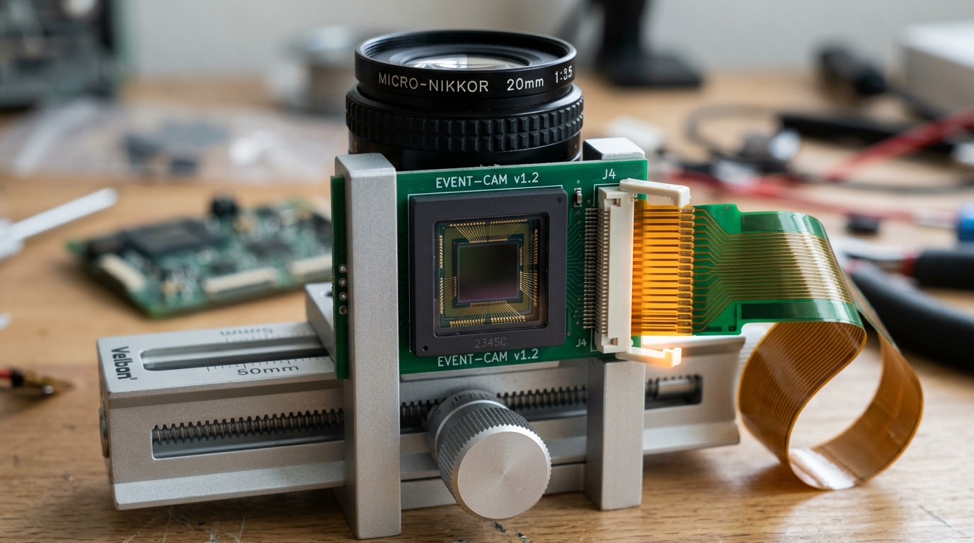 An event-camera sensor board under a macro lens rig with its ribbon cable connector caught half-inserted into the socket, the sensor die bright under the lens and the focus rail mid-adjustment