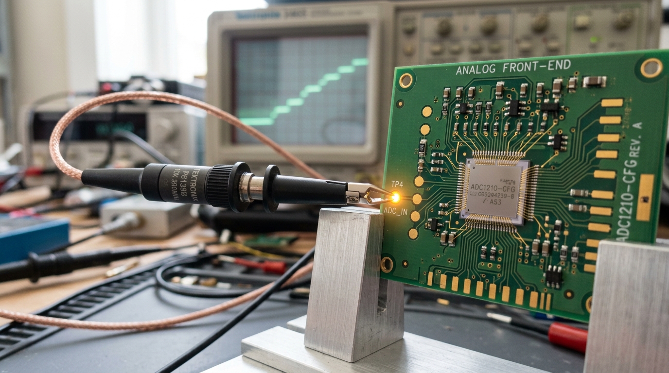 Close view of an analog front-end circuit board with an oscilloscope probe hook caught mid-landing on a gold test pad beside a small sigma-delta ADC package, a stepped waveform faint on a distant scope screen