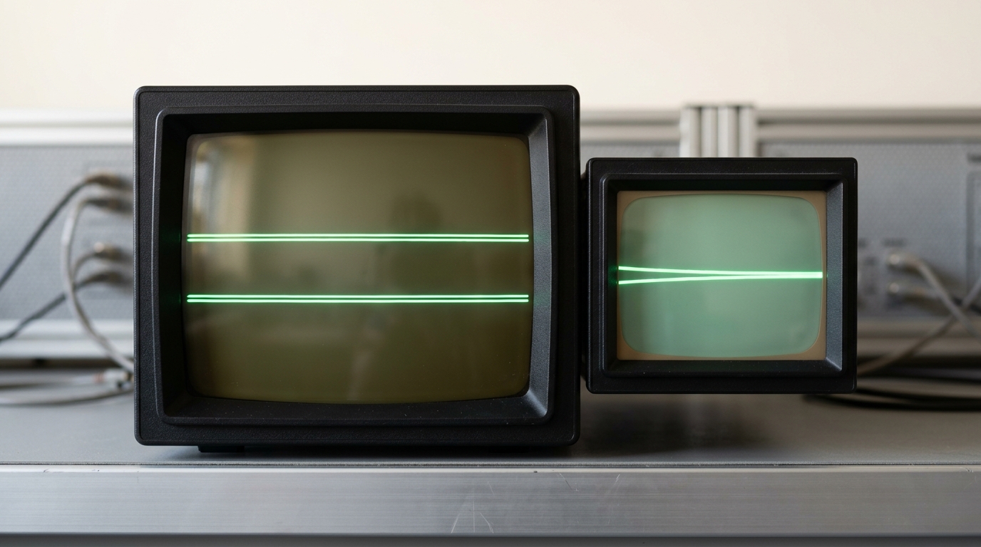 An oscilloscope on a lab bench showing a filtered analog waveform fed from a small sensor front-end board, with a raw unfiltered probe point visible beside it.