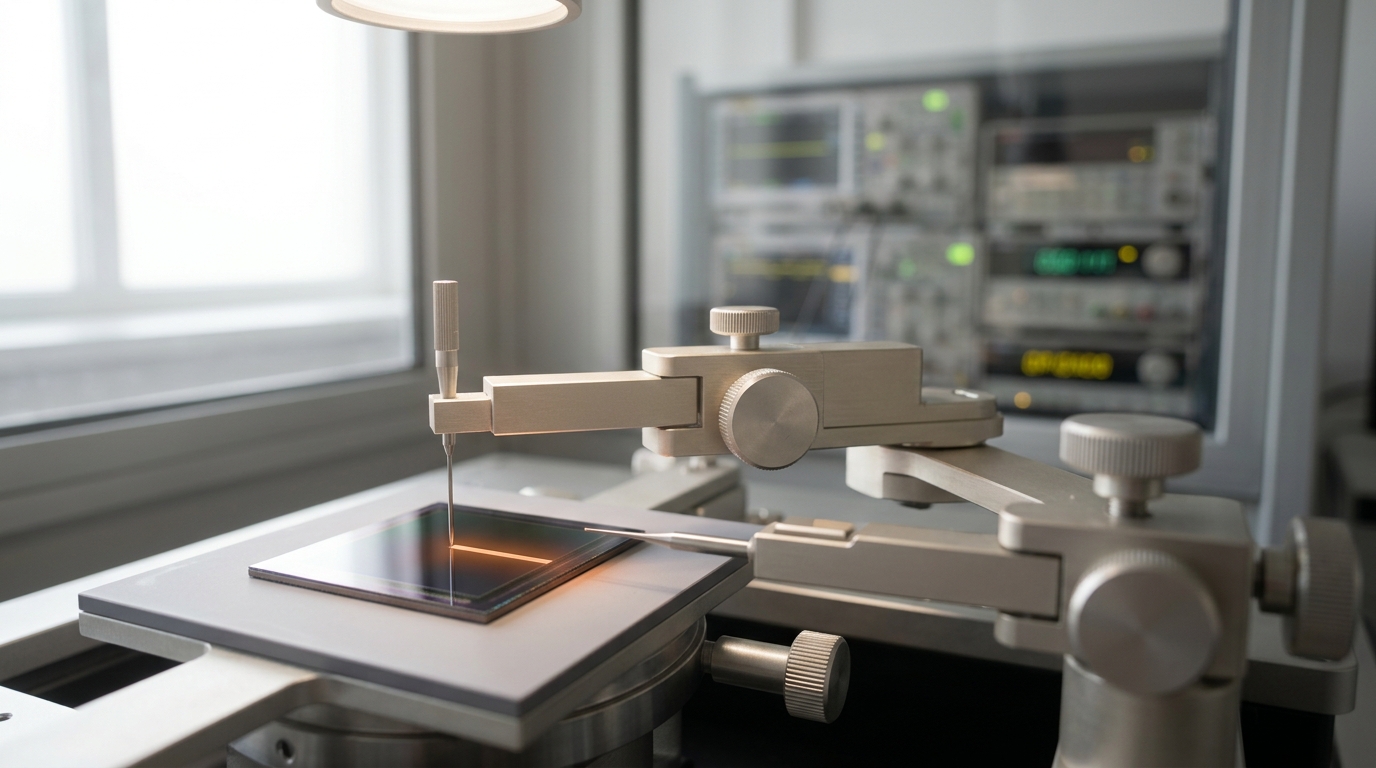 A bare event camera sensor die under a microscope lamp with a probe needle touching one pixel row while most of the die stays in soft focus.