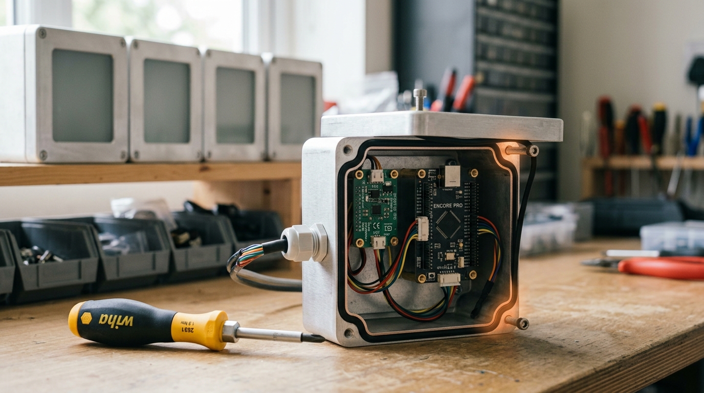 A weatherproof field enclosure open on a bench, its sensor module and cable gland half-sealed, one gasket still lifted before final closure.