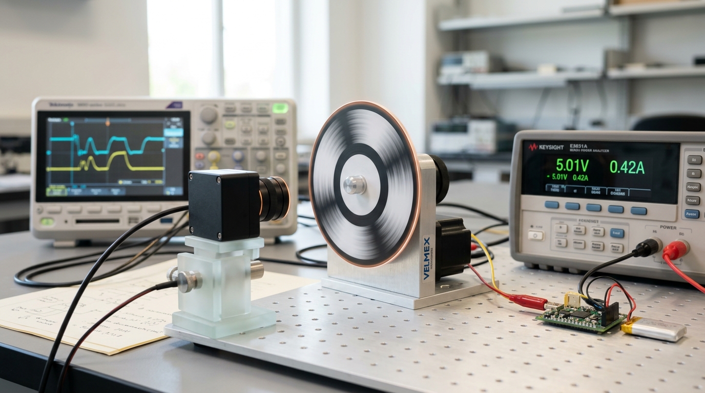 A bright instrumentation bench where a technician's calibration turntable is mid-rotation in front of an event camera module, with an oscilloscope and power analyzer visible nearby.
