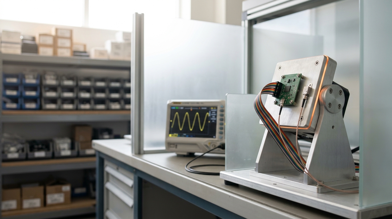 A small IMU daughterboard under a microscope lamp with a vibration shaker table visible mid-stroke beside it.