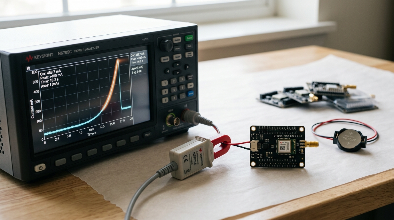 A bench power analyzer clamped to a battery-powered microcontroller carrier board, its current trace mid-transition from a low sleep floor to a sharp inference spike.