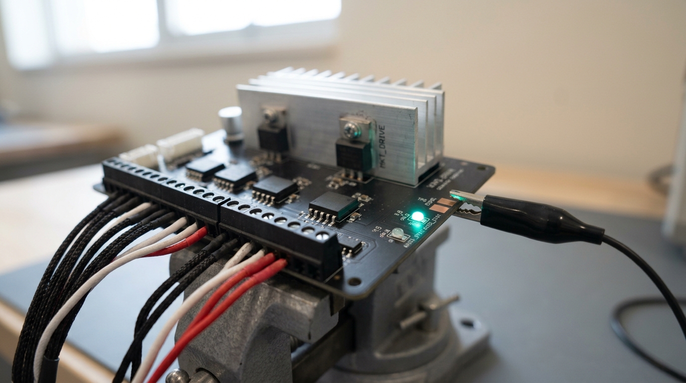 A servo-drive controller board mid-bring-up in a bench vice, one axis's status LED lit steady while a probe lead's crocodile clip rests on a bare test pad beside it