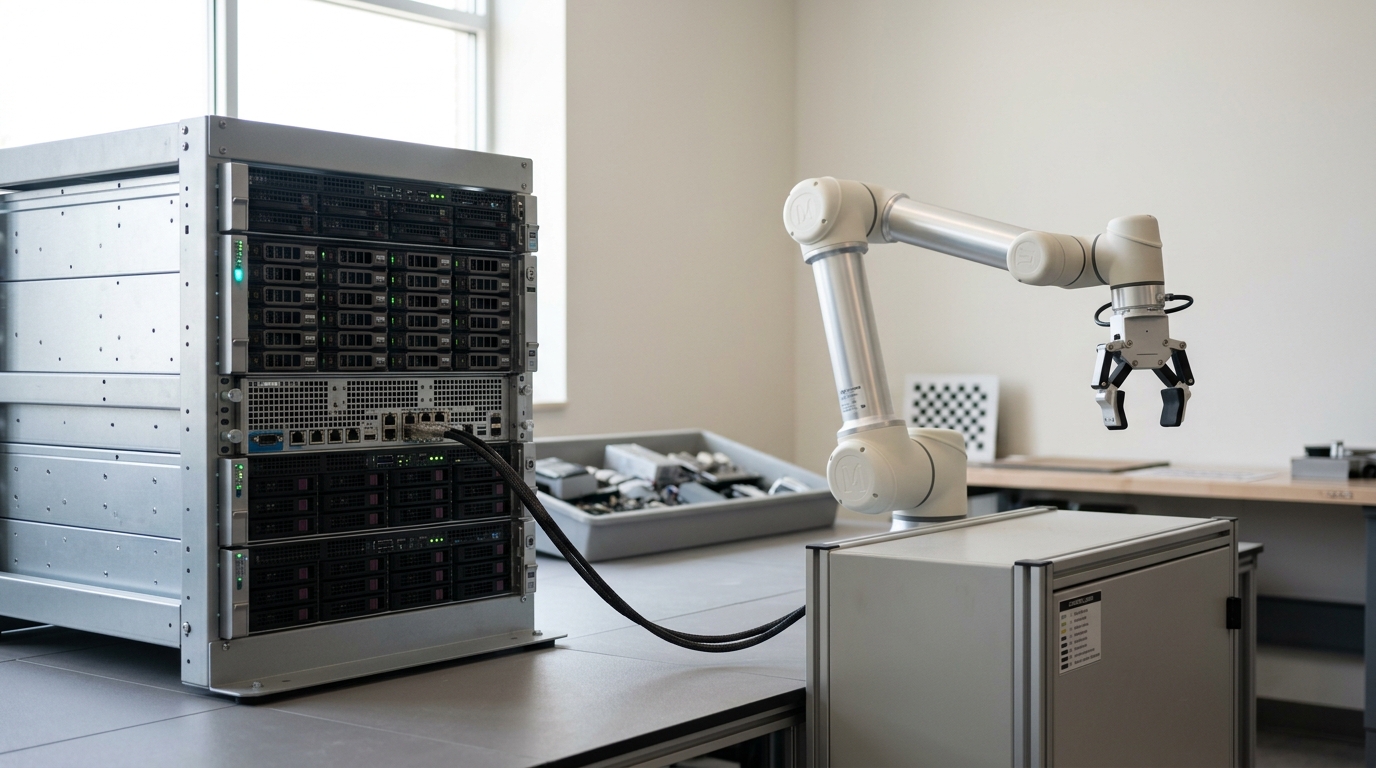 A GPU training rack at the edge of a robot work cell, a status LED lit as a policy checkpoint transfers, the collaborative arm beyond just beginning to stir off its rest pose