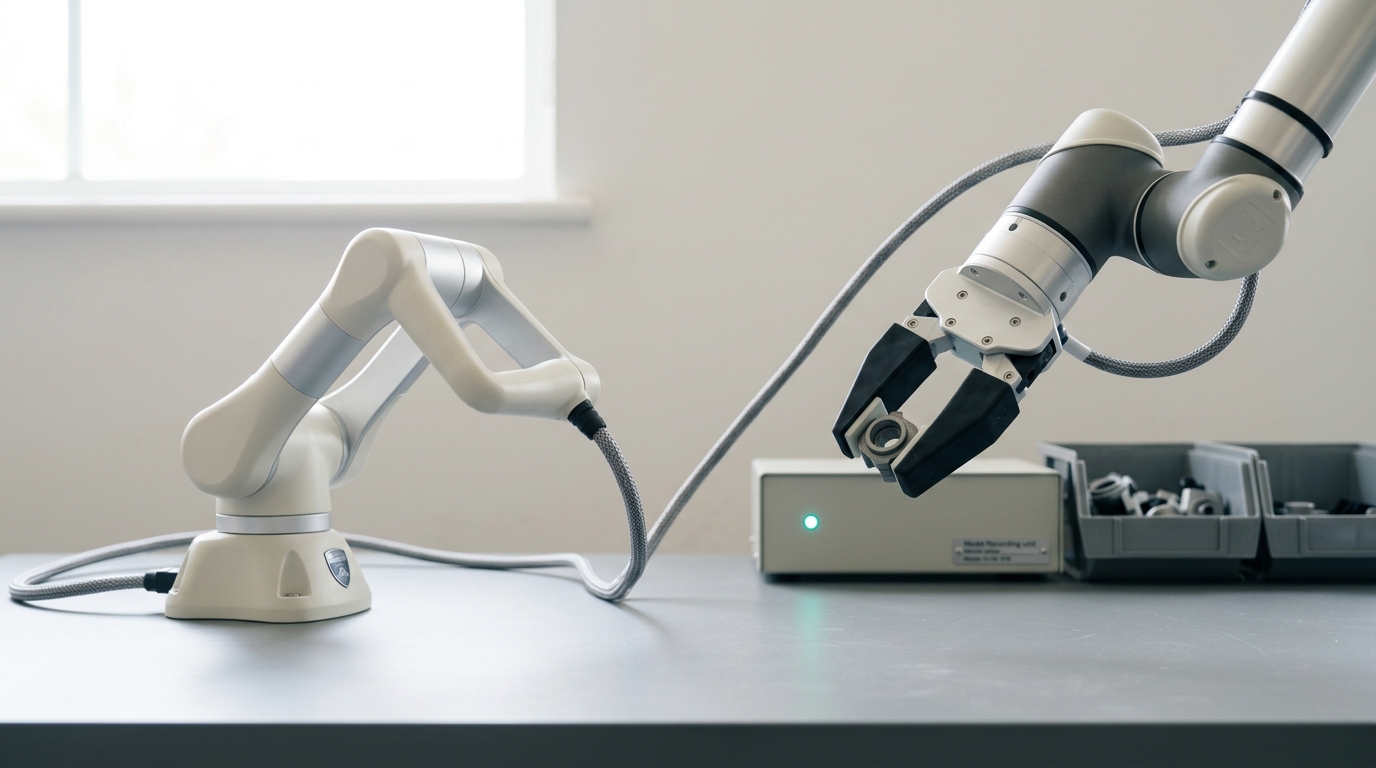 A teleoperation leader arm mid-gesture on a lab bench, its follower arm's gripper closing on a small part with a status indicator lit on the recording unit beside it