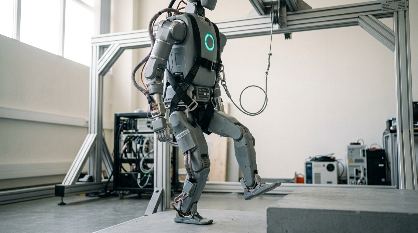 A bipedal test robot suspended in an overhead safety harness on a gantry test stand, one foot just lifting clear of a low platform as a status indicator on its torso lights