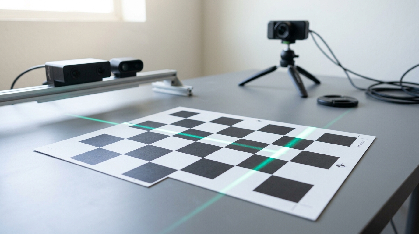 A stereo camera and depth sensor on a calibration gantry above a checkerboard target, a thin laser alignment line crossing the board not yet centred on the target's origin mark